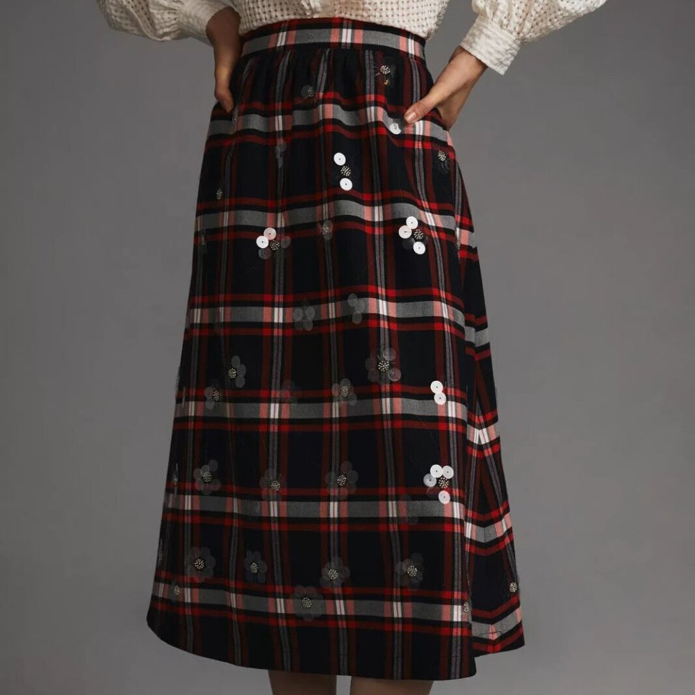 Anthropologie Maeve 8 NWT Embellished Plaid Midi Skirt Sequins Tartan Red Black - Picture 5 of 8